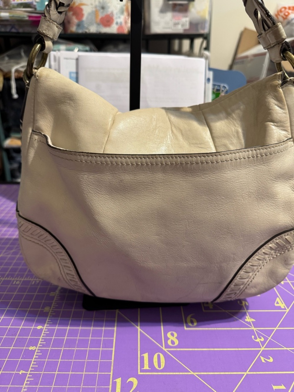 Coach Poppy Cream Leather Whipstitch Braided-Handle Flap Hobo Shoulder Bag - Picture 3 of 10